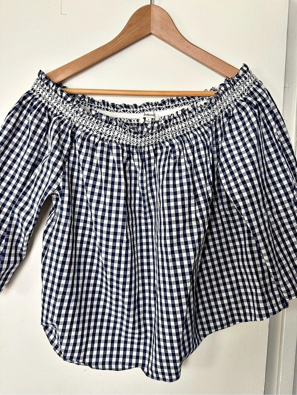 Madewell Smocked Gingham Off-the-Shoulder Top Blue & White Large